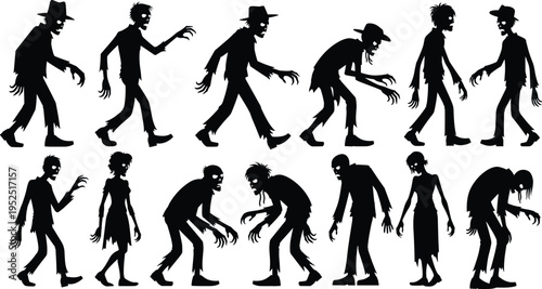 zombie silhouettes collection walking dead characters spooky horror figures set isolated on white background creepy undead illustration for halloween design concept