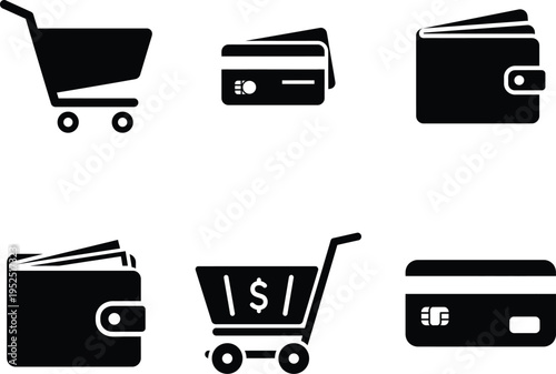 Icons for shopping cart, wallet, and credit card, e-commerce, e commerce