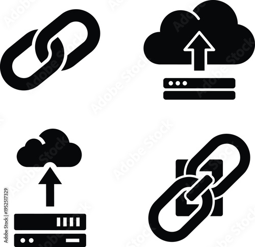 Icons of chain links and cloud upload server, web connection, internet service