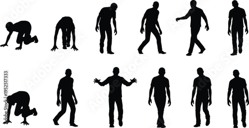Zombie walking silhouettes collection, creepy undead men in different poses, black horror human figures isolated on white background, Halloween scary character concept set