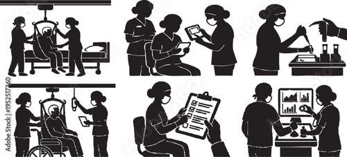 Patient transfer with ceiling hoist Vector Silhouettes featuring medical staff assisting elderly patients with overhead lift systems and laboratory data processing