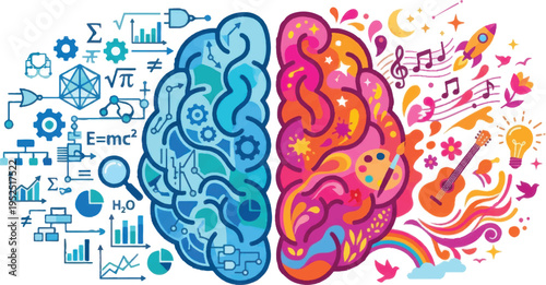 Creative and Analytical Brain Hemispheres Vector Illustration Representing Logic, Science, Art, and Music Concepts for Education and Business