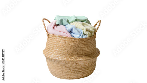 фотографія Isolated handmade woven straw basket filled with soft pastel-colored folded laun