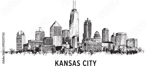 Kansas city skyline drawing featuring urban landscape with downtown buildings and skyscrapers in classic black ink sketch style