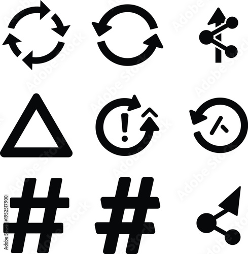 Icons for refresh, share, warning, and hashtags, social media