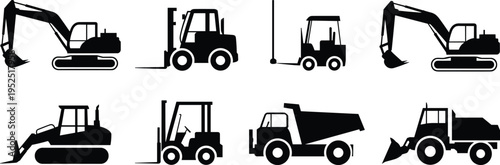 Excavator, Forklift, Bulldozer, Loader, Truck, Pallet, Jack, Dump, Vehicle, Machine, Heavy, Industrial, Construction, Earthmover, Equipment, Crane, Material, Handler, Worksite, Machinery