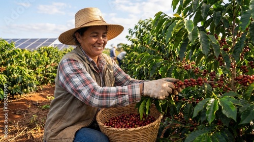 Woman harvesting coffee beans in a field under sunny sky  