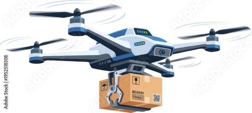 Modern White and Blue Delivery Drone Vector Illustration with Rotating Propellers Carrying a Cardboard Package for Fast Shipping and Logistics