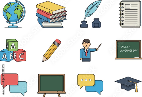 A collection of educational icons representing learning, communication, and school subjects, perfect for online courses and academic content