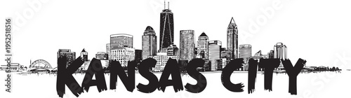 Kansas city skyline sketched art vector illustration with grunge texture and city name text