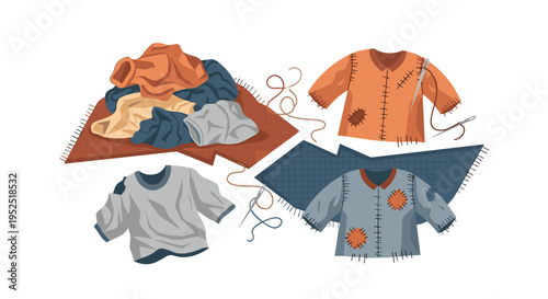 A pile of worn clothes sits next to three mended garments with patches, needles, and thread.