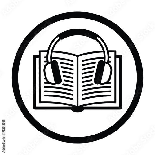 Open book with headphones icon symbolizing audio learning or listening to audiobooks on a minimalist white background