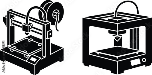 3D printer icons for additive manufacturing, rapid prototyping and modern technology