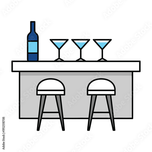 Modern minimalist bar setup featuring a sleek countertop with three elegant martini glasses and a dark blue bottle of wine for sophisticated evening gatherings and social events