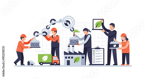 Six workers operate along a sustainable manufacturing production line, processing materials into eco-friendly products with robotic arms, a factory, and a delivery truck on a light beige background.