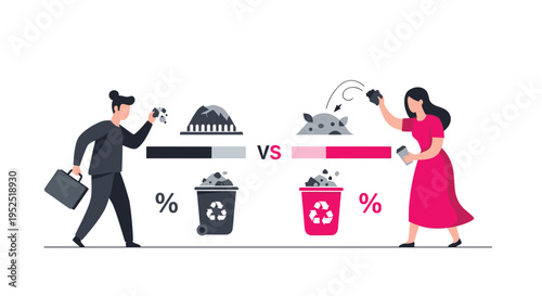 A man and a woman sort waste into recycling bins, with percentage bars comparing their waste management habits.