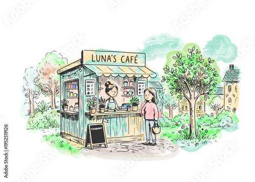 Charming hand drawn outdoor café kiosk illustration with barista and customer, cozy street coffee stand scene, rustic urban greenery, vintage style small business concept