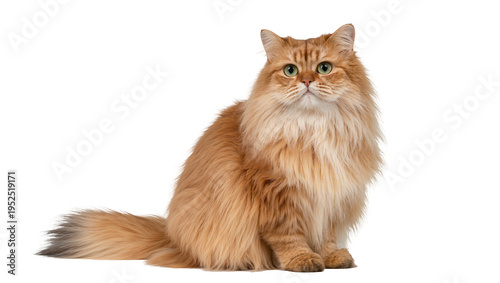 Isolated charming fluffy ginger cat with beautiful green eyes sitting and looking directly at camera
