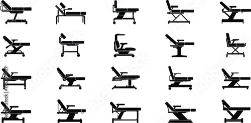 Medical examination chairs silhouettes, adjustable treatment tables, ergonomic healthcare furniture, dental recliners, therapy beds, hospital equipment vector illustration