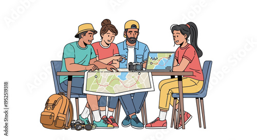 Diverse group of friends planning a trip using maps and laptop, outdoor adventure concept