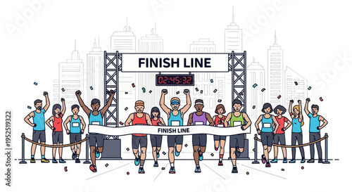 Diverse runners crossing finish line, confetti, city skyline, marathon race illustration
