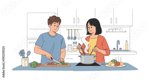 Couple Cooking Together in Kitchen, Healthy Meal Preparation, Happy Home Activity