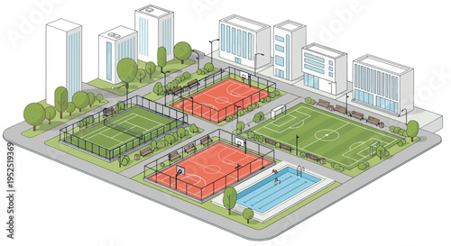 Urban Sports Complex Aerial View: Basketball, Tennis, Football Courts & Pool