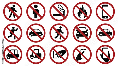 Prohibition icon set with red circle symbols and black restriction signs for safety and warning design