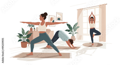 Diverse people practicing yoga indoors, promoting wellness and mindful living.