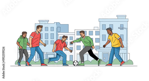 Diverse group of friends playing soccer in urban neighborhood with modern buildings