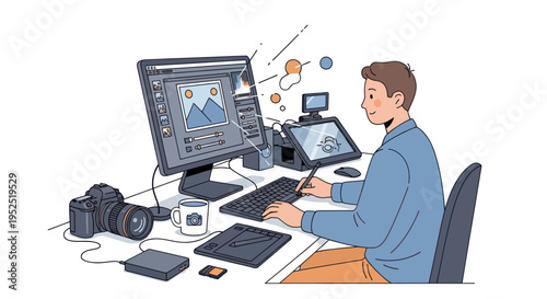 Graphic designer working on computer with editing software, digital art, creative process