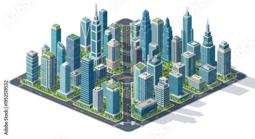 Isometric Cityscape with Modern Skyscrapers and Green Spaces