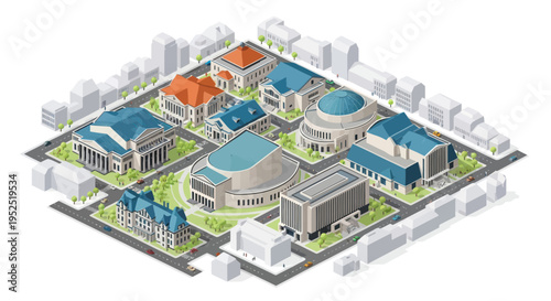 Isometric Cityscape: Educational Campus with Modern and Classical Architecture