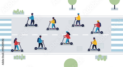 Diverse people riding electric scooters on city street, urban mobility concept
