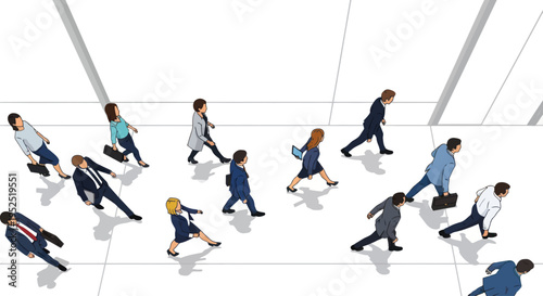 Diverse business people walking forward in a modern office hallway, seen from above