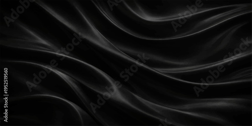 Smooth black satin fabric background with flowing silk texture and luxury wavy curves creates a shiny elegant material backdrop