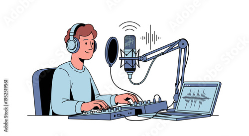 Podcaster with Headphones and Microphone Recording Audio Content
