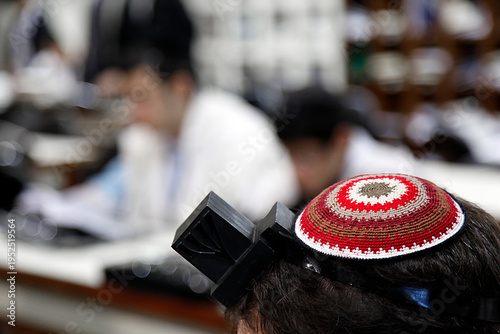 Jewish tefilin and Torah inside a Yeshiva