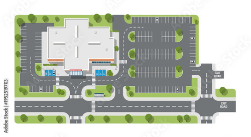 Aerial View of a Modern Retail Store with Large Parking Lot and Street Access