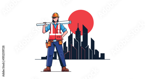 Illustration of a construction worker wearing safety gear standing confidently with a rolled-up blueprint in front of a modern city skyline at sunset.