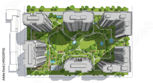 Aerial View of a Modern Residential Complex with Green Courtyard and Lush Landscaping