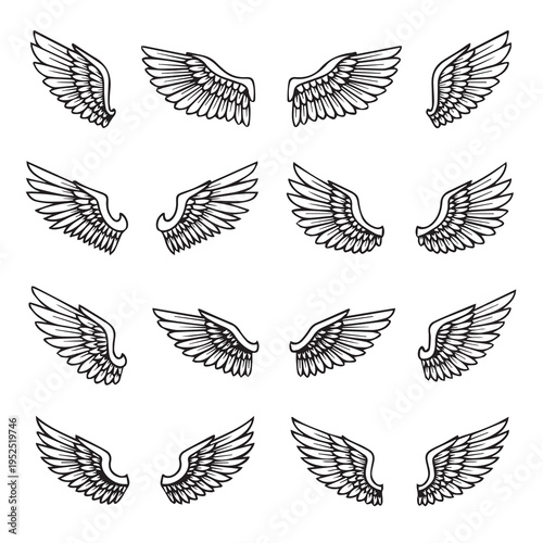 Collection of Hand Drawn Angel Wings Set Vector Illustration
