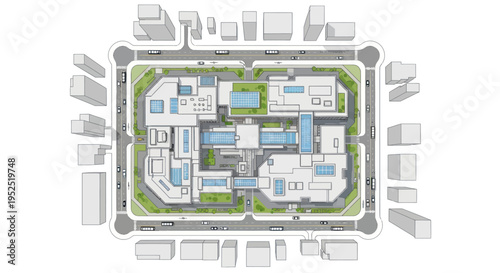 Aerial View of Modern Architectural Complex with Green Spaces and Rooftop Solar Panels