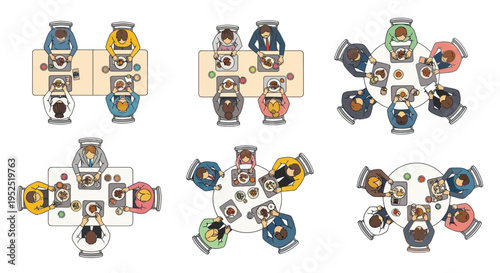 Diverse business people meeting around tables, top view, teamwork and collaboration concept.