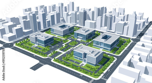 Modern Office Building Complex in a Futuristic Cityscape