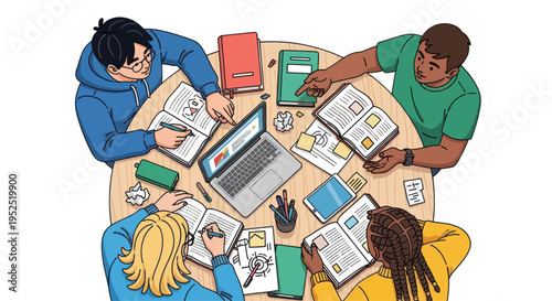 Diverse students collaborating on a project around a round table with books and laptop