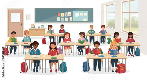 Diverse students reading books in a bright classroom setting, learning and education concept