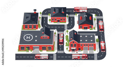 Fire Station and Trucks in Stylized Town - Aerial View