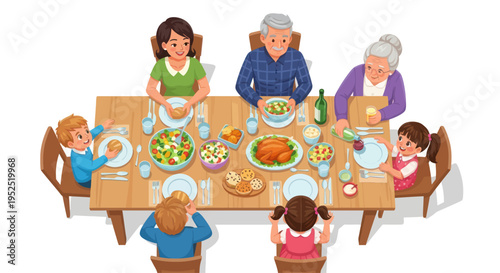 Happy family enjoying a festive meal at a wooden table, generations gathered for dinner