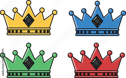 Royal crown vector set with yellow blue green and red colors featuring black diamond gems isolated on white background
